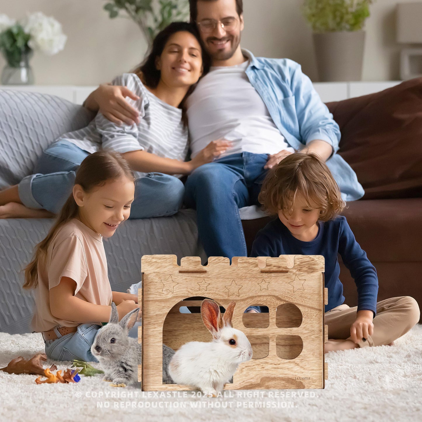 LEXASTLE Larger Bunny Castle Sturdy Walnut Color Wooden Rabbit Hideout for Bunnies Guniea Pigs Ferrets Chinchillas Hamsters