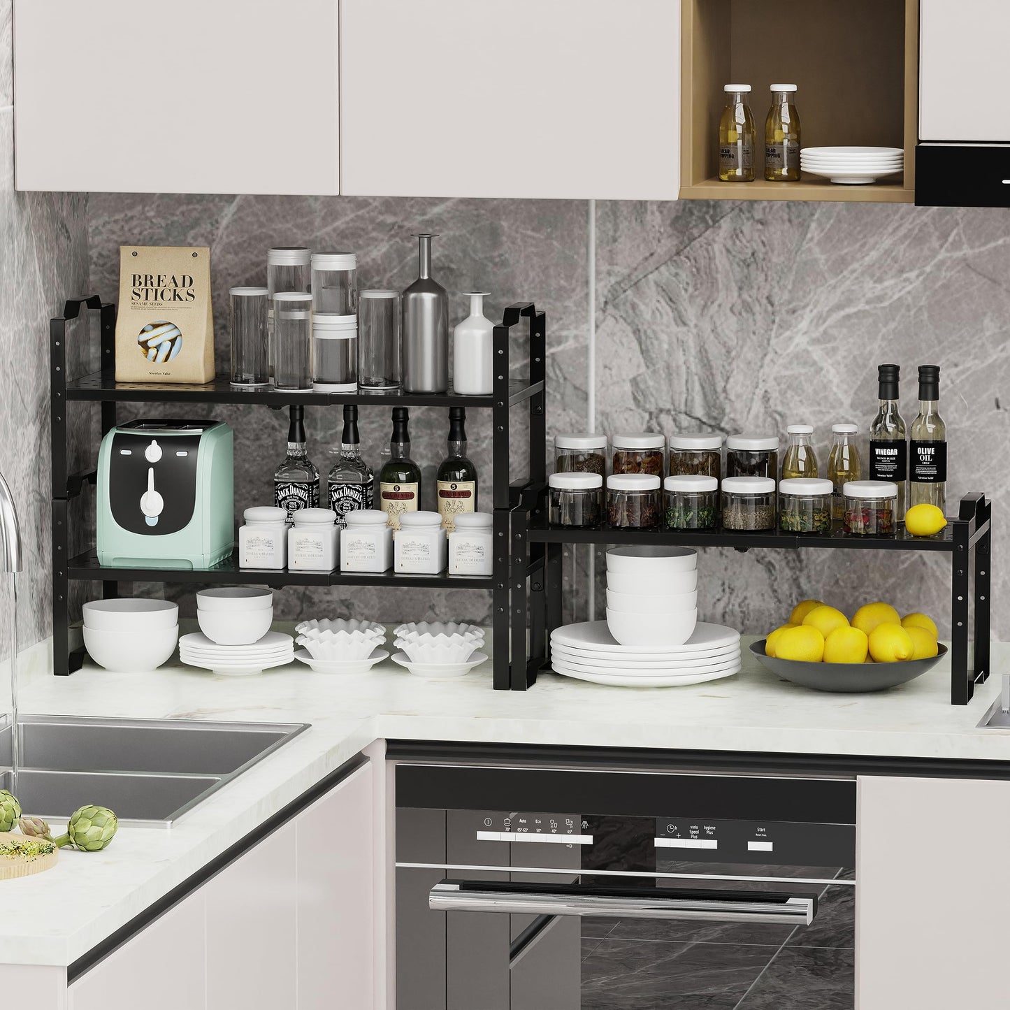 Jojocross Expandable Shelf Cabinet Organizer Adjustable Stackable Spice Rack at Kitchen Bathroom More, Countertop Cupboard Organization Pantry Storage,Metal Plate with Hole (3 Packs/Black, L)