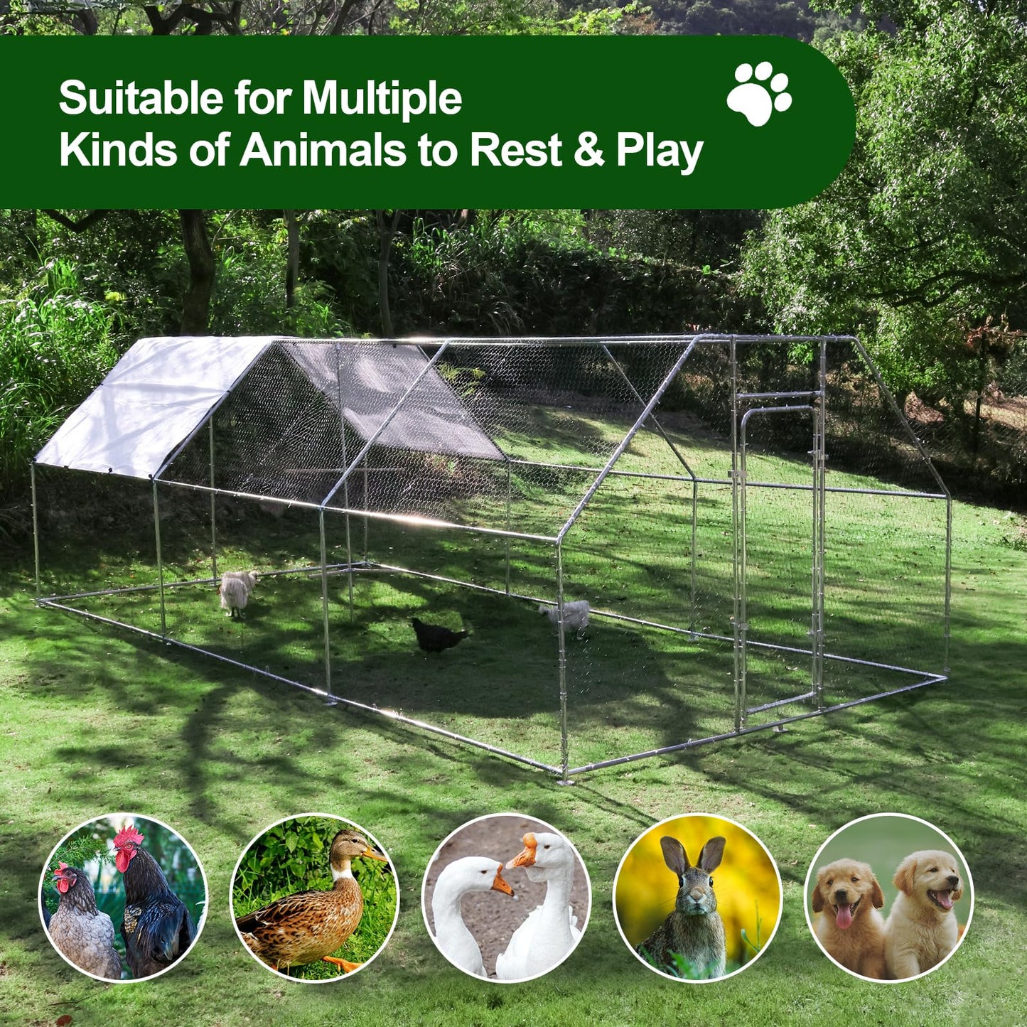 Chicken Coop Large Metal Chicken House/Pen with Climbing Frame for 15-20 Chickens, Outdoor Walk-in Poultry Cage Flat Shape for Ducks, Rabbits, Dogs Etc, Silver (236" L x 117.6" W x 78.7" H)