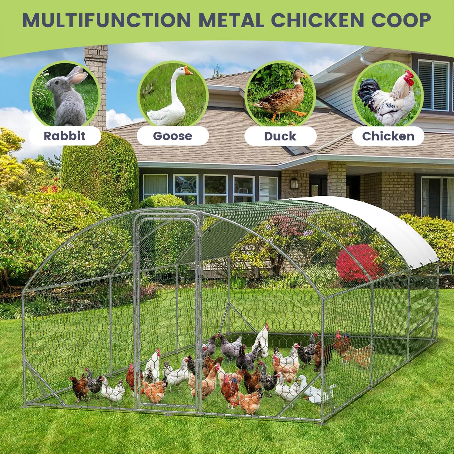 VerisShade Large Metal Chicken Coop, Upgrade Tri-Supporting Metal Chicken Run, Large Chicken Pen with Waterproof and Anti-UV Cover, for Duck Rabbit House Outdoor (9.8' W x 19.7' L x 6.5' H)