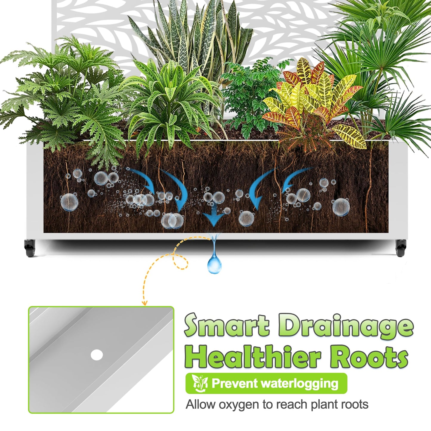 15.7"×70.9"×47.2" Metal Raised Garden Bed with Trellis and Wheels - Tall Trellis Planter Box for Climbing Plants, Vegetables & Vines - Outdoor Privacy Planters for Patio (White-Spring)