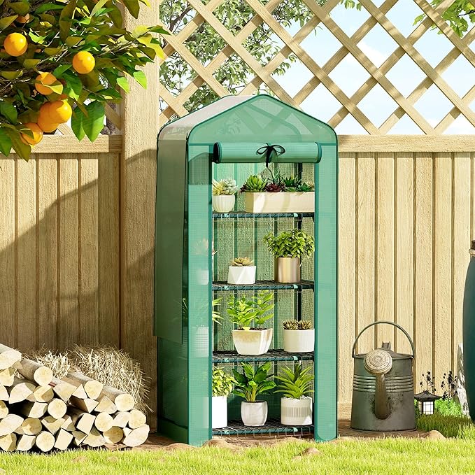 Outsunny 4 Tier Mini Greenhouse with Screen Roof, 27.6" x 19.7" x 62.2", Portable Small Greenhouse with High Strength PE Cover, Roll-Up Zipper Door for Garden Yard Backyard, Green