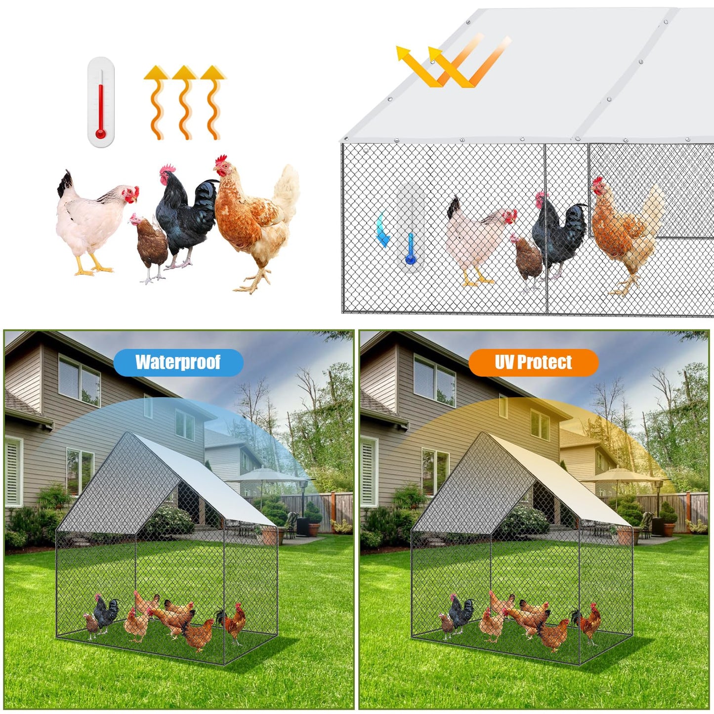 VitalCozy 2 Pcs Chicken Coop Cover Waterproof 11.5 x 6.6 ft Chicken Run Cover Coop Tarp Accessories for Winter with 50 Pcs Ball Bungees Cords for Outdoor (White)
