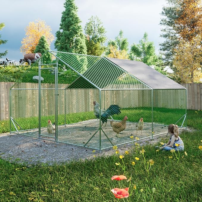 Large Chicken Coop,Metal Chicken Run for Yard with Door,Outdoor Galvanized Wire Poultry Chicken House with Waterproof and Anti-UV Cover,Duck Rabbit Cage (10' L x 13 W x 6.56' H)
