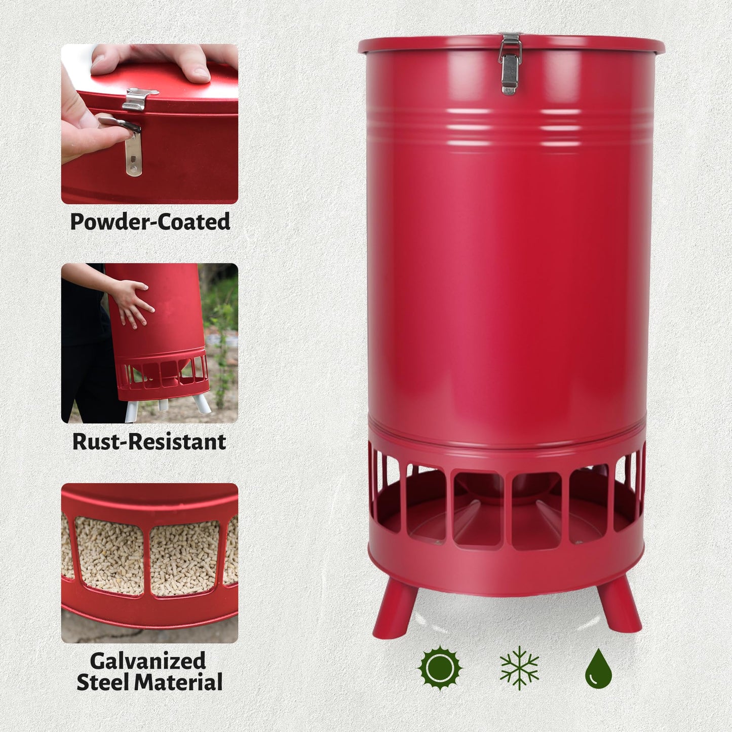 Solution4Patio 65 LB Large Free Standing Chicken Feeding Barrel, Portable Gravity Chicken Feeder Automatic, Dispenser, 16 Feeding Ports Poultry Feeder, Hen Coop (Red)