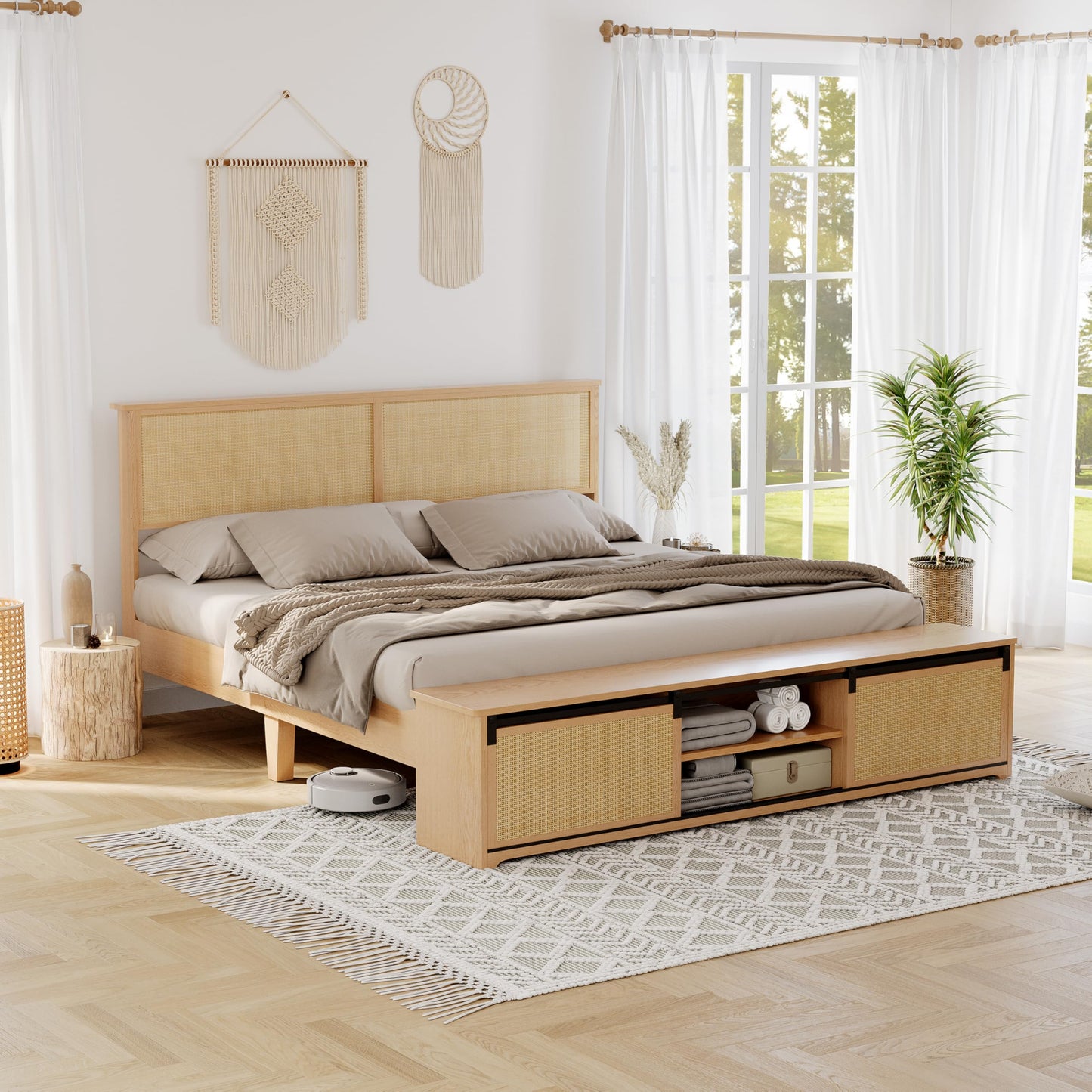 GarveeHome Natural Rattan King Size Bed Frame with Sliding Barn Door Storage Cabinets and Headboard, Boho Farmhouse Wood Platform Bed with Solid Wood Legs Support, No Box Spring Needed