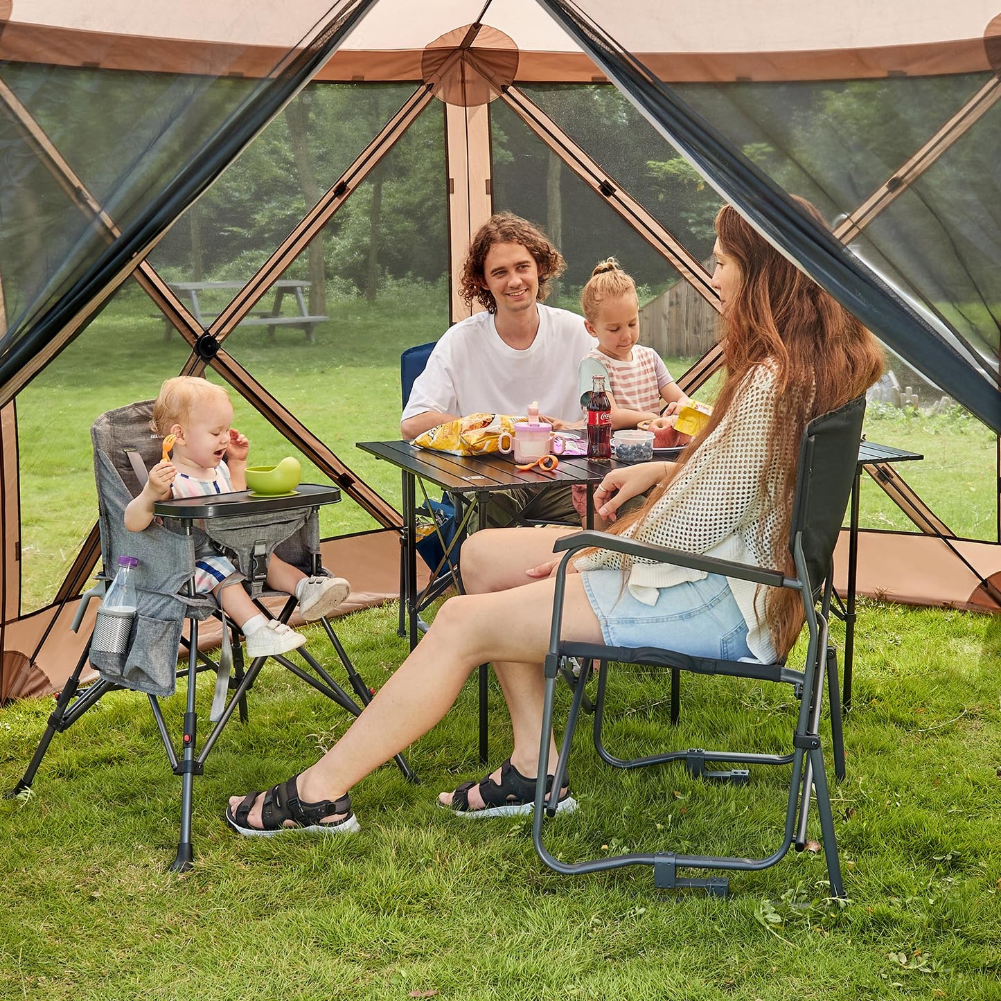 EVER ADVANCED Pop Up Gazebo Screen House Tent for Camping 11.5 ft for 8-10 Person Instant Canopy Shelter with Netting Portable for Outdoor, Backyard, Brown