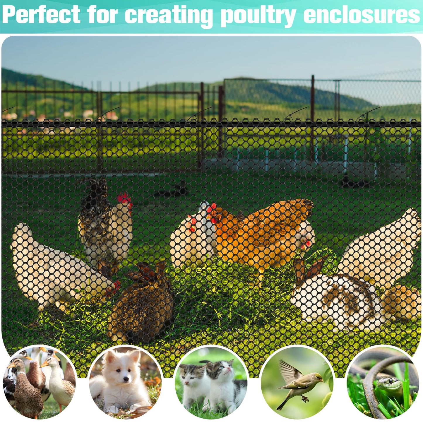 Plastic Mesh Fence Sheet 15.7IN x 10FT - 0.3IN Opening Plastic Chicken Wire Netting Roll Durable for Dogs, Poultry, Puppy, Garden Snake Barrier with 50 Pcs Zip Ties - Black