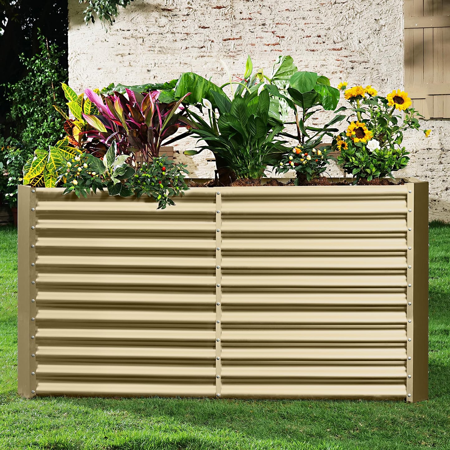 Land Guard 8x4x3ft Rectangular Galvanized Raised Garden Beds, Large-Capacity Metal Planter Box Outdoor, Durable Deep Raised Garden Bed 3ft Tall, Raised Beds for Gardening Vegetables, Cream Yellow