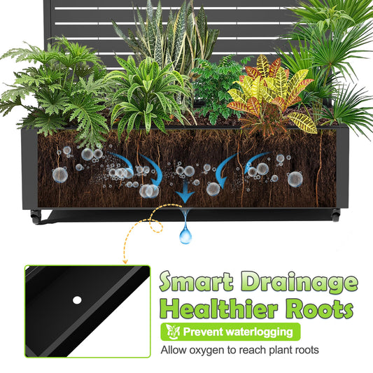15.7"×70.9"×47.2" Metal Raised Garden Bed with Trellis and Wheels - Tall Trellis Planter Box for Climbing Plants, Vegetables & Vines - Outdoor Privacy Planters for Patio (Black-Louvered)