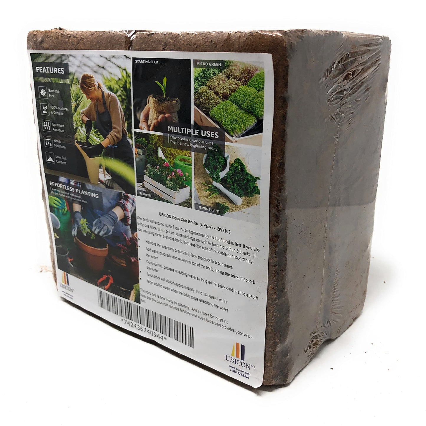 UBICON Easy to Use Compressed Coco Coir Organic Top Soil for Indoor and Outdoor; 24 Bricks expands to 60 Gallons, Excellent Aeration, Reduces Weed Growth, and Retains Water