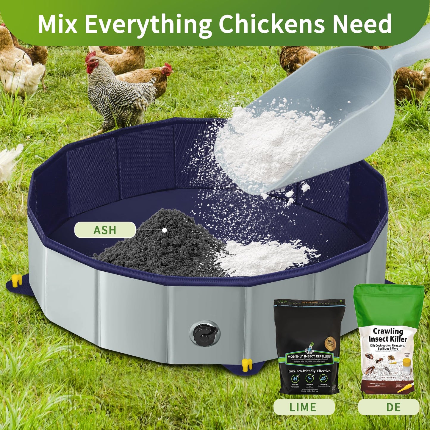 Chicken Dust Bath Tub - 32"D & 8"H Foldable Chicken Coop Accessories to Mix Sand Chilli DE Or Lime Dust in Chicken House, Keep Poultry Hens, Rooster, Button Quail Healthy & Clean, Double as Duck Pool