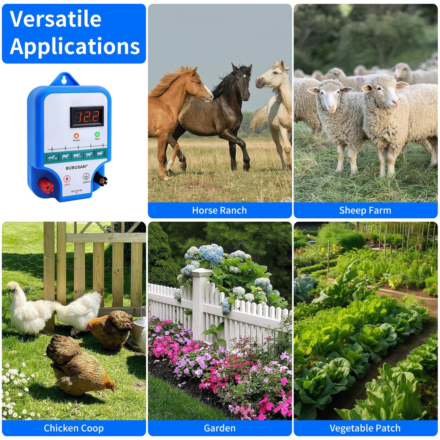 bubusan Electric Fence Charger for Livestock - 3 Joules Electric Fence kit, 10 Mile Electric Fence Controller with LED Display for Backyard, Garden, Farm, Repels Large Wildlife