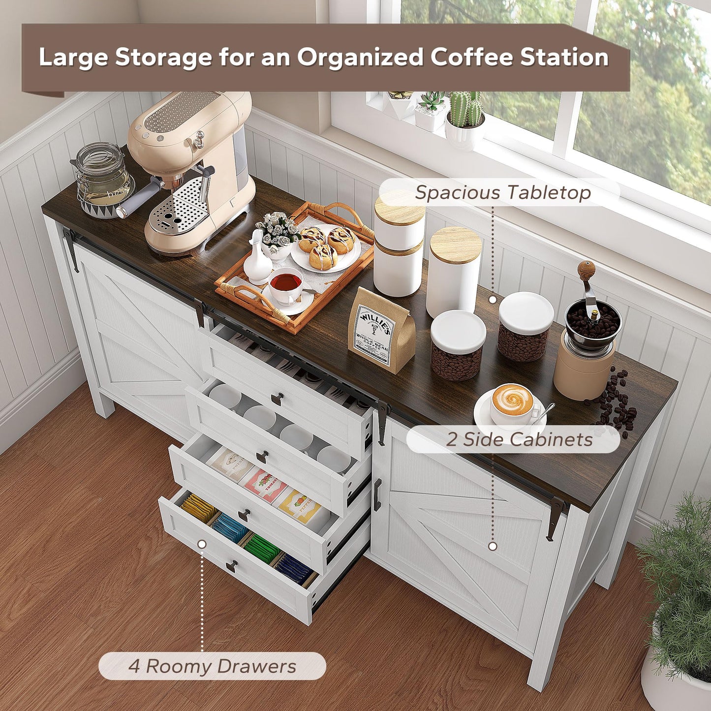HOMCOM 59 Inch Farmhouse Sideboard Buffet Cabinet with Thick Top, Coffee Bar Cabinet with 2 Sliding Barn Doors, 4 Drawers and 2 Adjustable Shelves for Kitchen, Distressed White