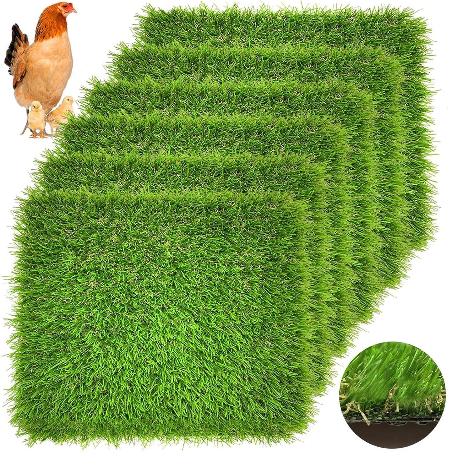 Irieiply 6 Pack 12"x12"x1.2" Chicken Nesting Pads for Laying Eggs, Washable Artificial Grass Carpet Synthetic Turf Mat Nest Box Bedding for Chicken Coop