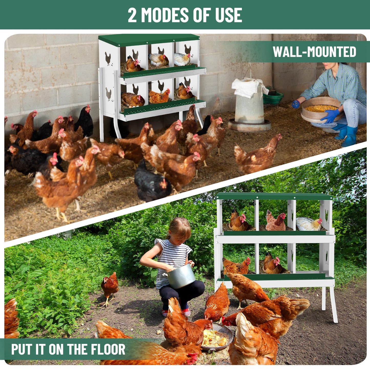GarveeLife Nesting Boxes for Chickens, 6 Compartment Chicken Nesting Box with Metal Legs, Metal Chicken Laying Boxes with Perch, Secure Lid, Versatile Wall Mount or Free Standing for Hens, Green