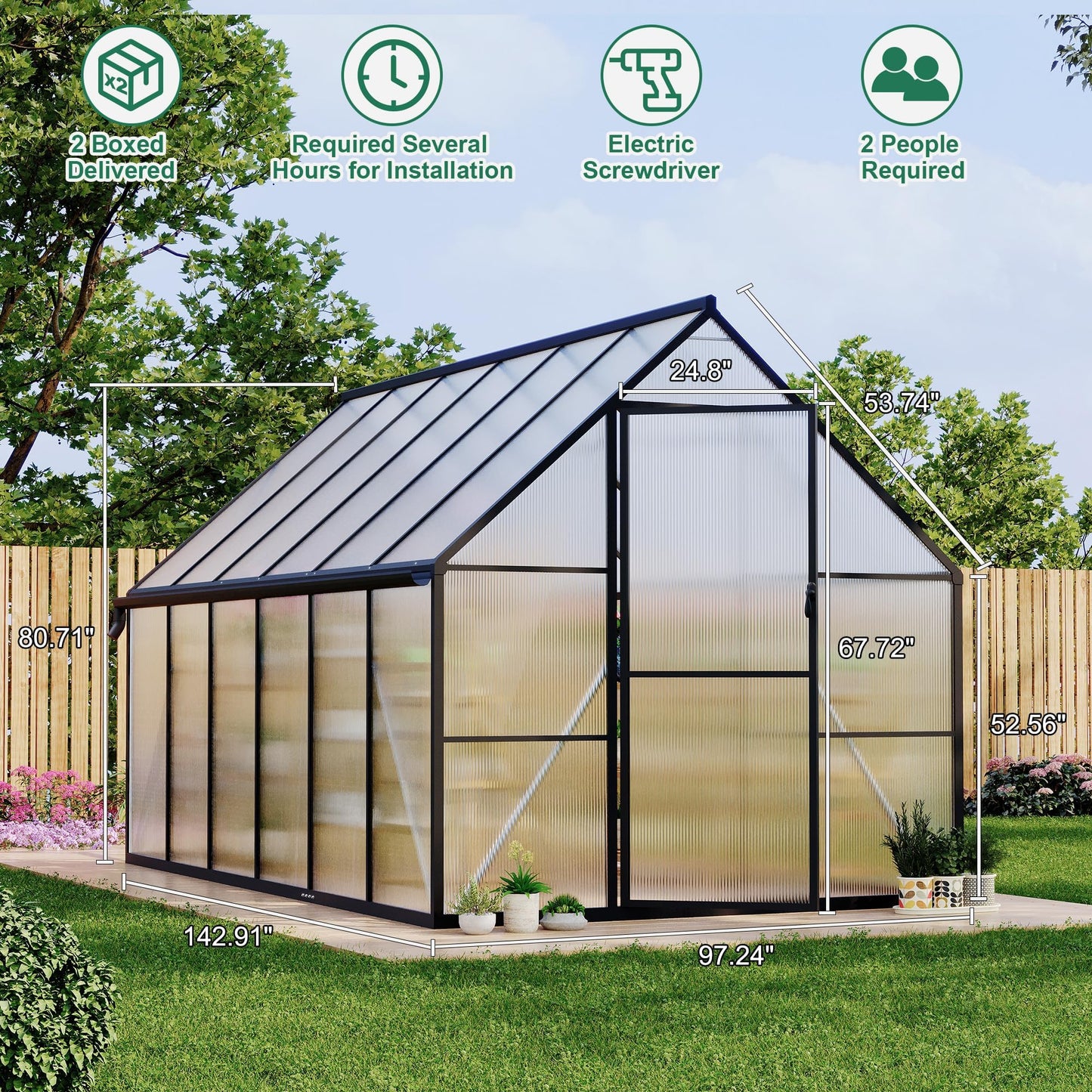 HarmonyHealth Outdoor Greenhouse, Aluminum-Framed Polycarbonate Greenhouse, Heavy Duty Polycarbonate Green House with Large Enhanced Aluminum Kit and Roof Vent, 6x7 FT