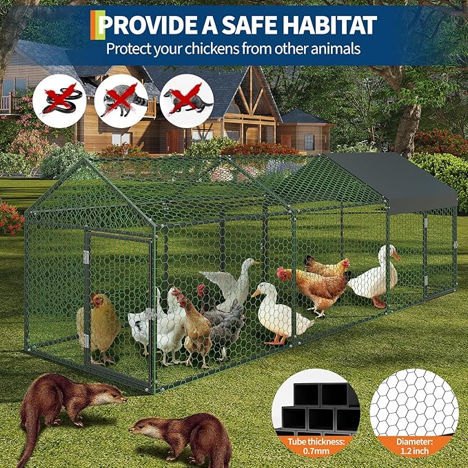 Large Metal Chicken Coop 10' x 3.3" x 3.3" Chicken Runs with Waterproof and Anti-UV Cover,3 Doors,Outdoor Hen House for Yard, Walk in Poultry Cage for Rabbit Duck Goose