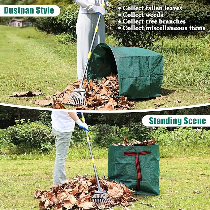 2 Pack Reusable Yard Waste Bags - 40 Gallon Dustpan Type Lawn And Leaf Bags, Heavy Duty Garden Bags With Adjustable Metal Leaf Rake,Gardening Gloves,Garden Waste Bag With Handles,Camping Recycling Bag