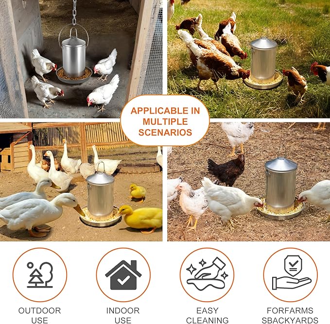 6.6lb Stainless Steel Hanging Chicken Feeder, Metal No Waste Poultry Feeder, Rustproof, Reusable, Long-Lasting, Gravity Feed Chicken Coop Accessories for Chicken, Geese, Duck, Hens, Rooster, Chick