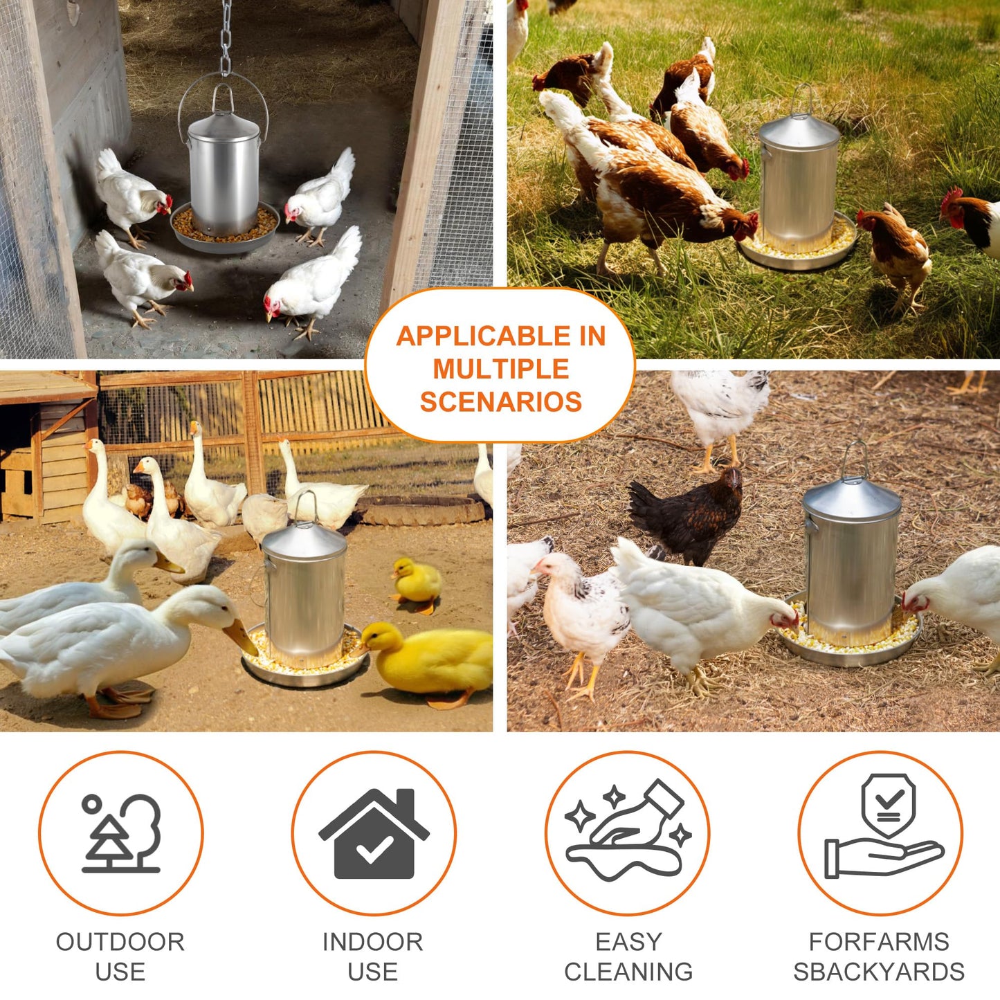 6.6lb Stainless Steel Hanging Chicken Feeder, Metal No Waste Poultry Feeder, Rustproof, Reusable, Long-Lasting, Gravity Feed Chicken Coop Accessories for Chicken, Geese, Duck, Hens, Rooster, Chick