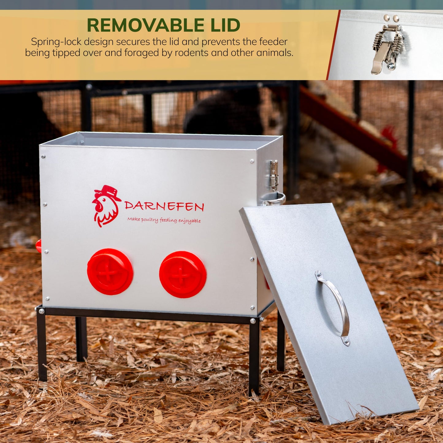 Darnefen Automatic Chicken Feeder Rat Proof - 40lb 6 Ports Large Capacity Metal Poultry Feeder with Legs and Lids - Galvanized Chicken Feeder for Hen Coop