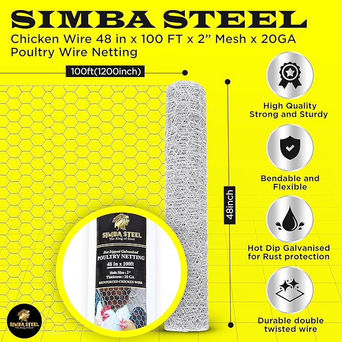 Chicken Wire 48 in x 100 FT x 2” Mesh x 20GA | Poultry Wire Netting | Hot Dipped Galvanised | Hexagonal Galvanized Mesh for Chicken Coop, Rabbit Cage, Fence Barrier PM48x100x2