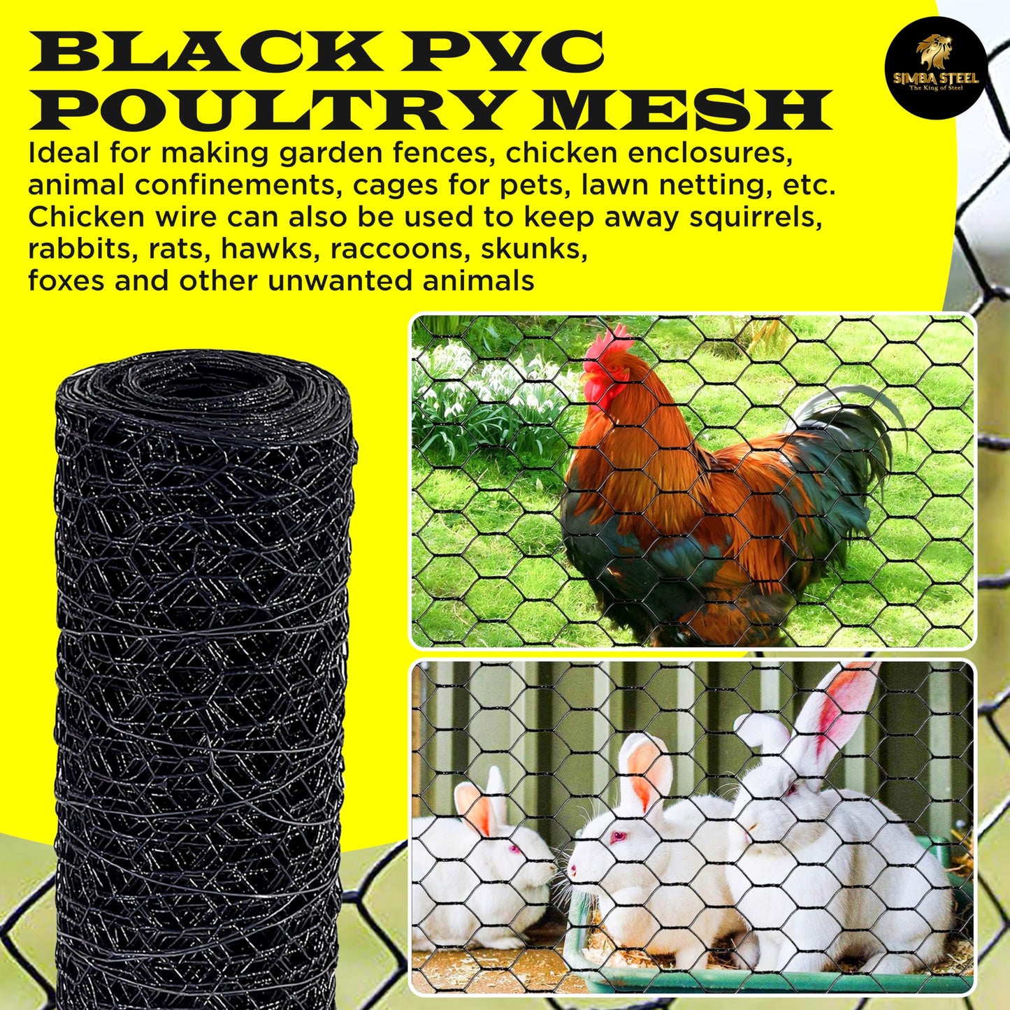 SIMBA STEEL - 12” x 100 FT PVC Hexagonal Poultry Netting Chicken Wire | 1" Mesh | 20 Gauge | Black PVC Vinyl Coated | Rust Proof | for Garden, Fence, Chicken, Rabbit (PVC 12 x 100)