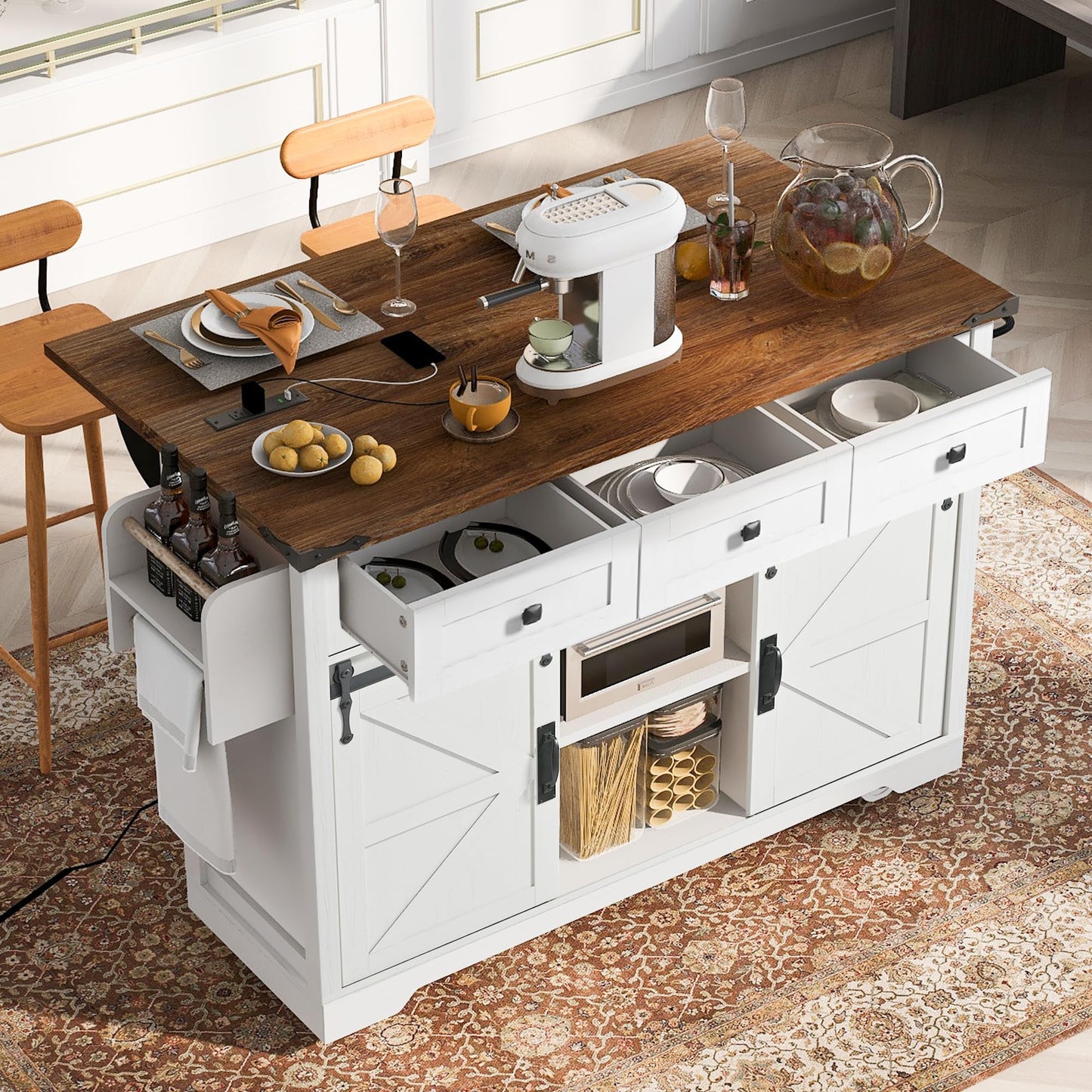 Ball & Cast Farmhouse Kitchen Island Cart with Power Outlet,2 Sliding Barn Doors,3 Adjustable Shelves,Dining Storage Island W/Drop Leaf,Spice Rack,Rolling Cart on Wheels,for Kitchen,Dining Room,White