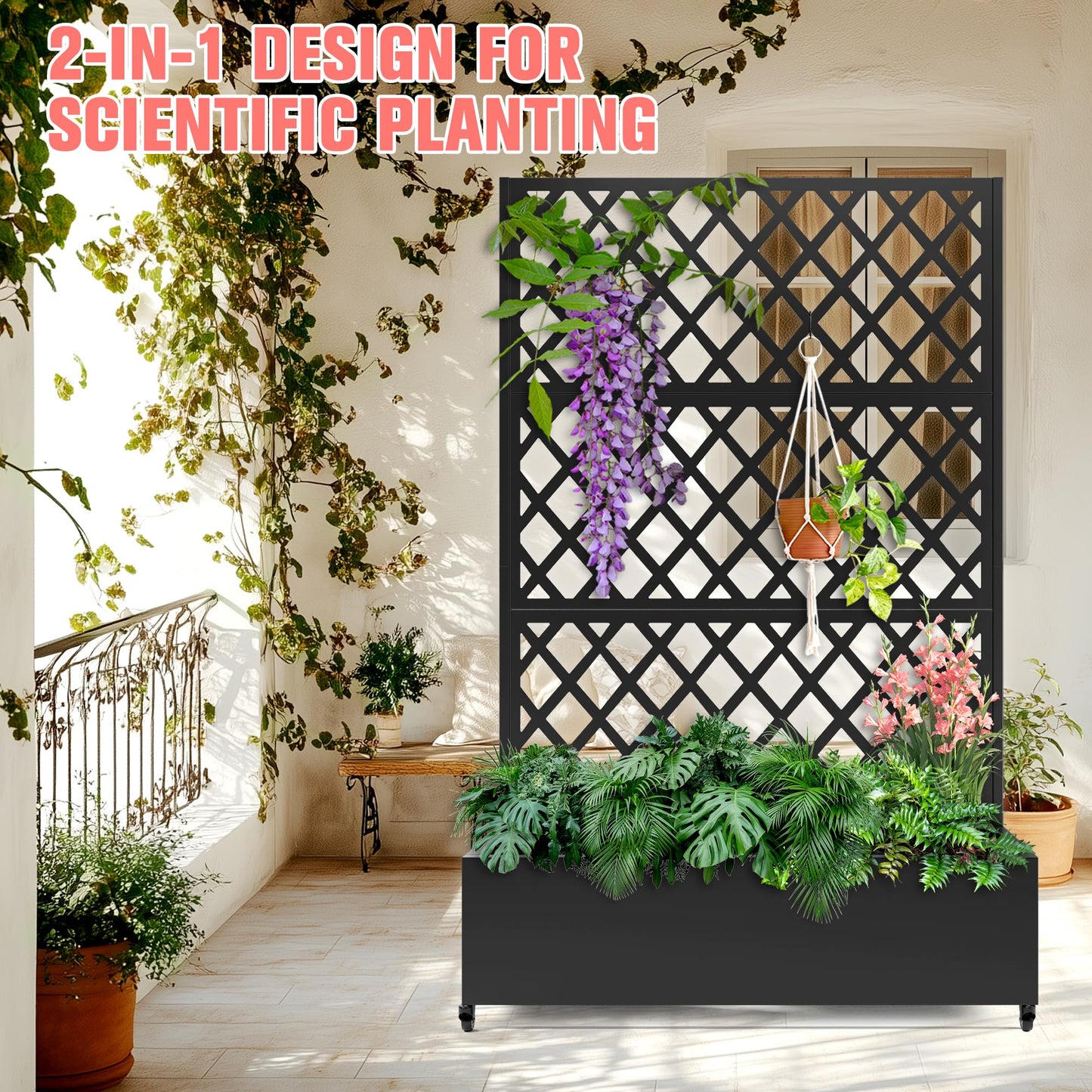 Metal Planter Box with Trellis, Raised Garder Bed with Drainage Hole, Privacy Screen & Trellis for Climbing Plants, Outdoor Plant Stands, 47''L×17''W×73''H, Black