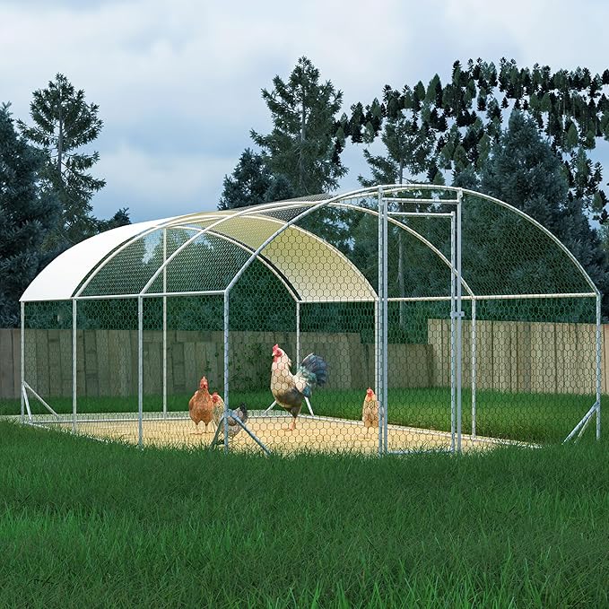 Large Metal Chicken Coop, Walk-in Chicken Run Pen with Waterproof Anti-UV Cover, Dome Roof Poultry Cage for Outdoor, Backyard, Farm (9.84'L x 19.68'W x 6.56' H)