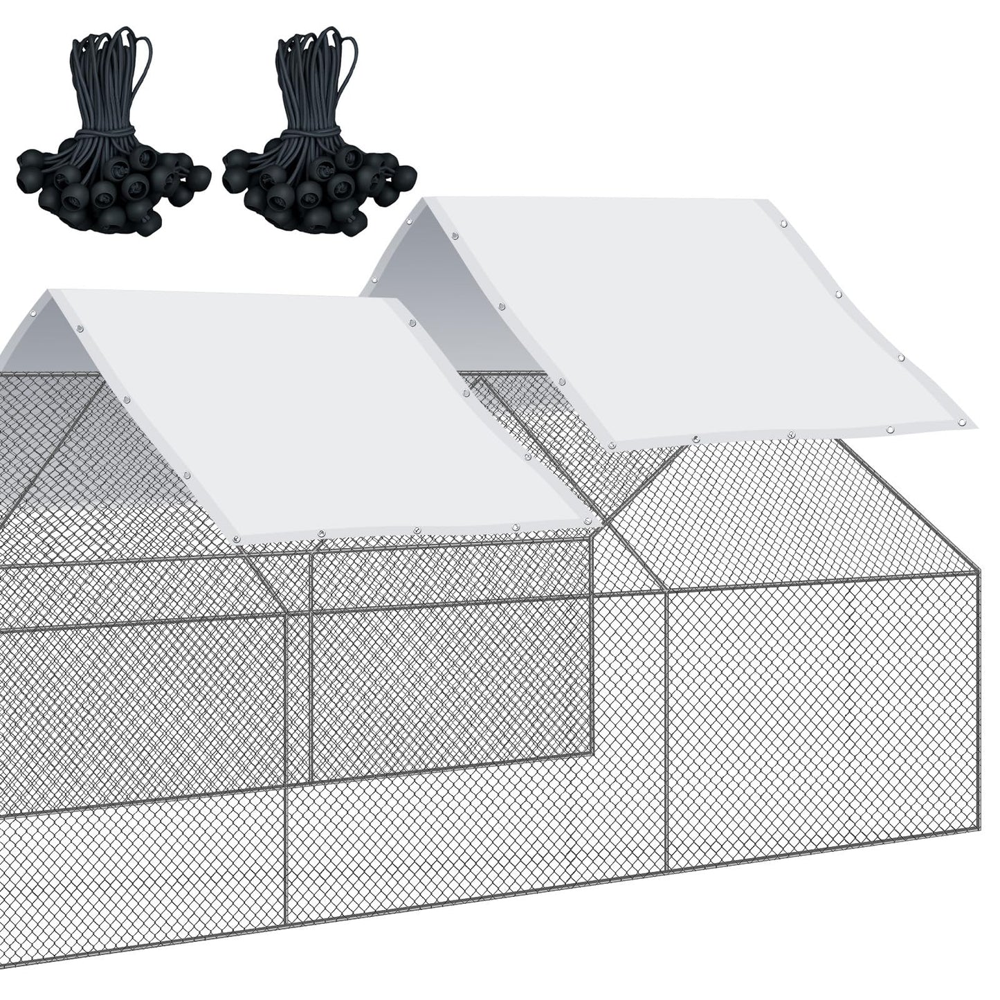 VitalCozy 2 Pcs Chicken Coop Cover Waterproof 11.5 x 6.6 ft Chicken Run Cover Coop Tarp Accessories for Winter with 50 Pcs Ball Bungees Cords for Outdoor (White)