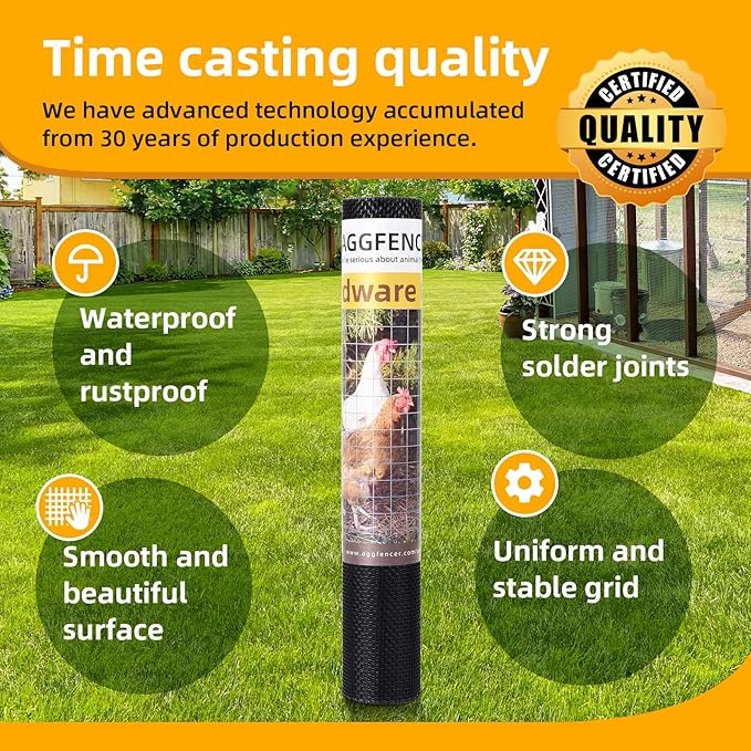 16in x 50ft Black Hardware Cloth 1/8 inch 27Ga PVC Coated Wire Mesh Vinyl Coated Galvanized Wire Mesh Screen Roll, Welded Metal Chicken Wire Fencing, for Garden Plant Fencing Bee Screen