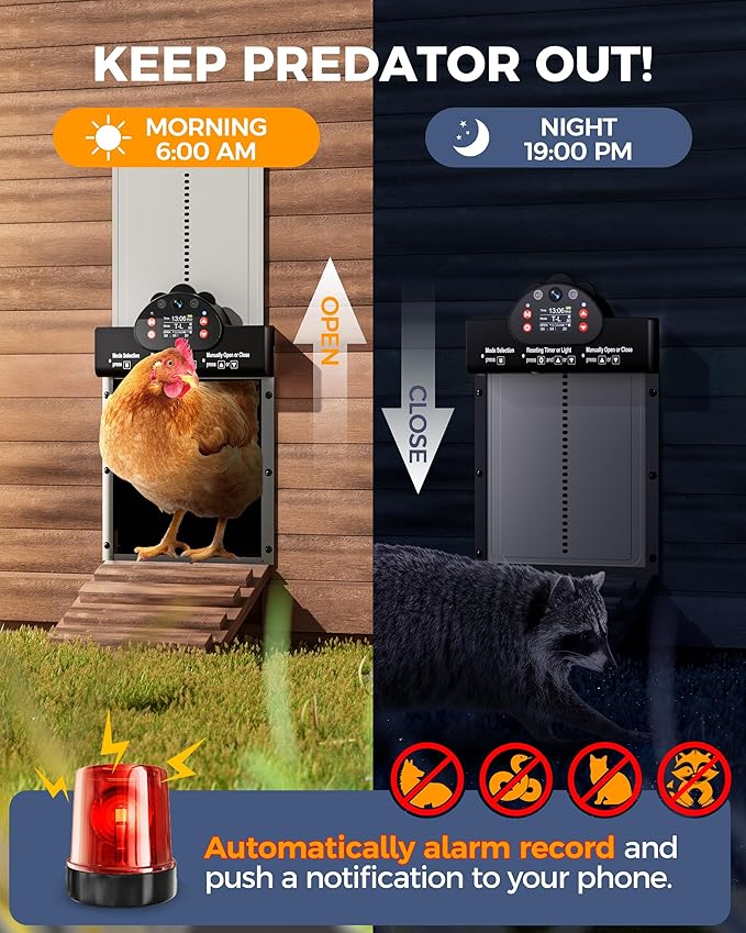 2K HD Camera Automatic Chicken Coop Door, WiFi Solar Powered Chicken Door with 9000mAh Battery, Timer & Light Sensor, Anti-Pinch Function, Security Alarm, Chicken Coop Accessories
