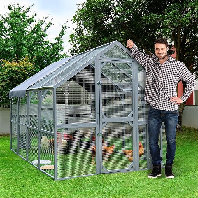 109.6'' Large Wood Chicken Coop Enclosures,Walk-in Poultry Cage, Chicken Run Pen Duck House with Waterproof and Anti-Ultraviolet Cover for Outdoor Farm Use Spire Roof, Grey