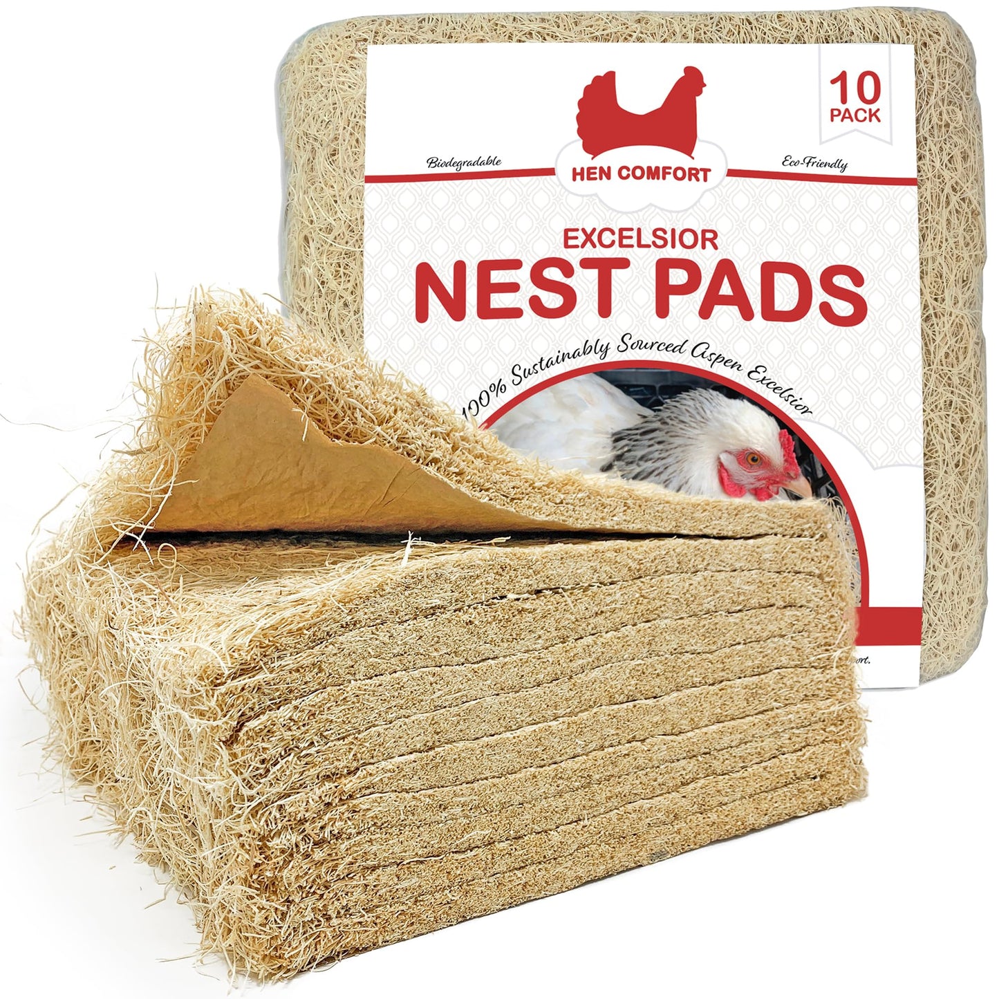 Hen Comfort Nest Pads for Chicken Nesting Boxes - 13 x 13 Pads Made in USA from Sustainably Sourced Aspen Excelsior (10 Pack)
