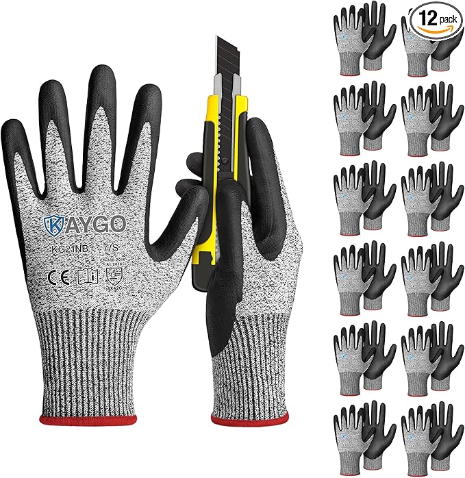 KAYGO 12 Pairs Cut Resistant Gloves for Men and Women, ANSI Cut Level A3 Nitrile Micro-Foam Safety Gloves KG21NB, Durable, Ideal for Wood Carving, Glass Handling, Construction, Fishing, S, Grey