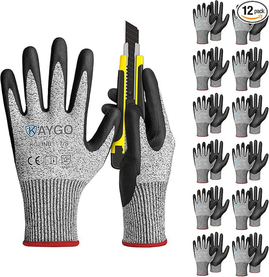 KAYGO 12 Pairs Cut Resistant Gloves for Men and Women, ANSI Cut Level A3 Nitrile Micro-Foam Safety Gloves KG21NB, Durable, Ideal for Wood Carving, Glass Handling, Construction, Fishing, S, Grey