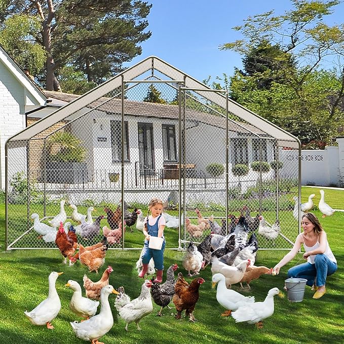 Large Metal Chicken Coop, Large Chicken Run, Walk-in Poultry Cage with Waterproof and Anti-Ultraviolet Cover for Outdoor Yard Farm Use (9.8' L x 13.1' W x 6.6' H)
