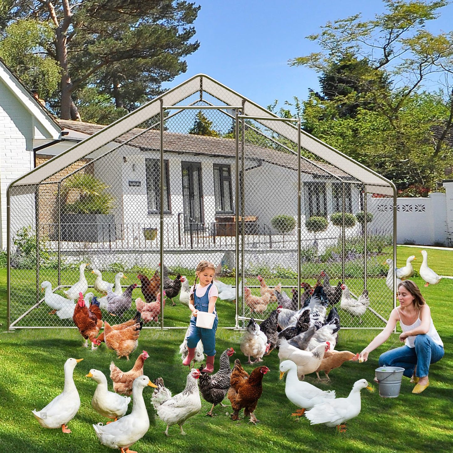 Large Metal Chicken Coop, Large Chicken Run, Walk-in Poultry Cage with Waterproof and Anti-Ultraviolet Cover for Outdoor Yard Farm Use (9.8' L x 13.1' W x 6.6' H)