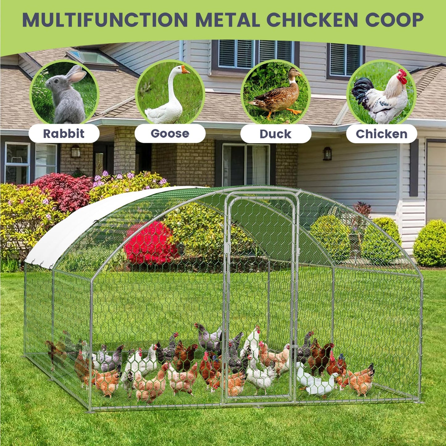 Large Metal Chicken Coop, Doom Roof Chicken Run for Yard, Walk-in Poultry Cage with Waterproof and Anti-Uv Cover, Chicken Pen for Outdoor Backyard Farm (9.8x13.1x6.5FT)