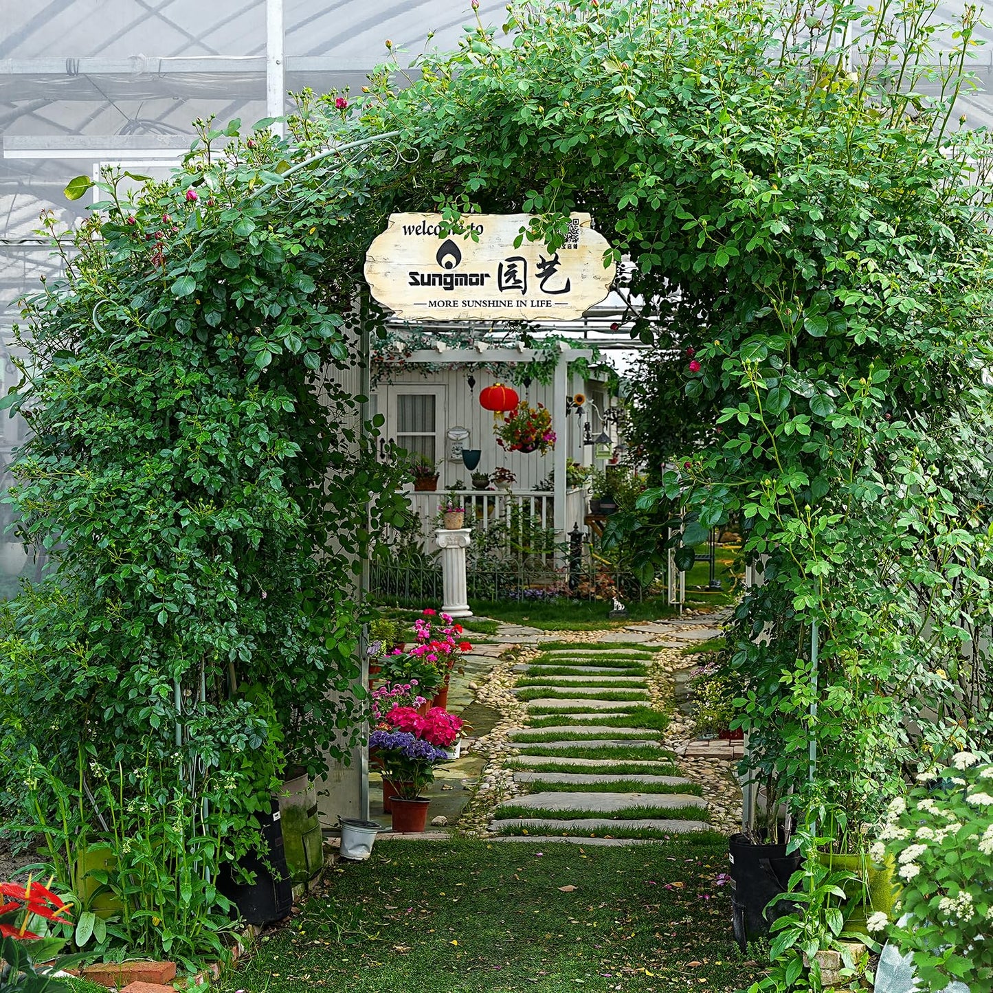 Sungmor Metal Garden Arbor, 92.5" High x 11.8" Wide Outdoor Garden Arch Trellis, Elegant Green Archway for Wedding Party Event, Climbing Plants and Vine Flowers Support, Lawn Patio Yard Decoration