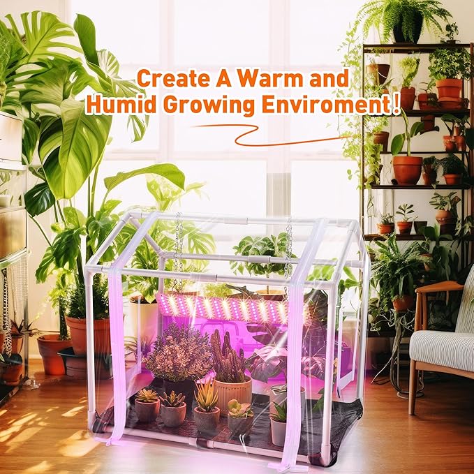 Meonum Mini Greenhouse with Grow Light for Indoor, Tabletop Small Greenhouse Kit with Bottom Mat for Waterproof, 15W Plant Dimmable LED Grow Lights and Timer, 3 Light Color Mode for Seed Starter Tray