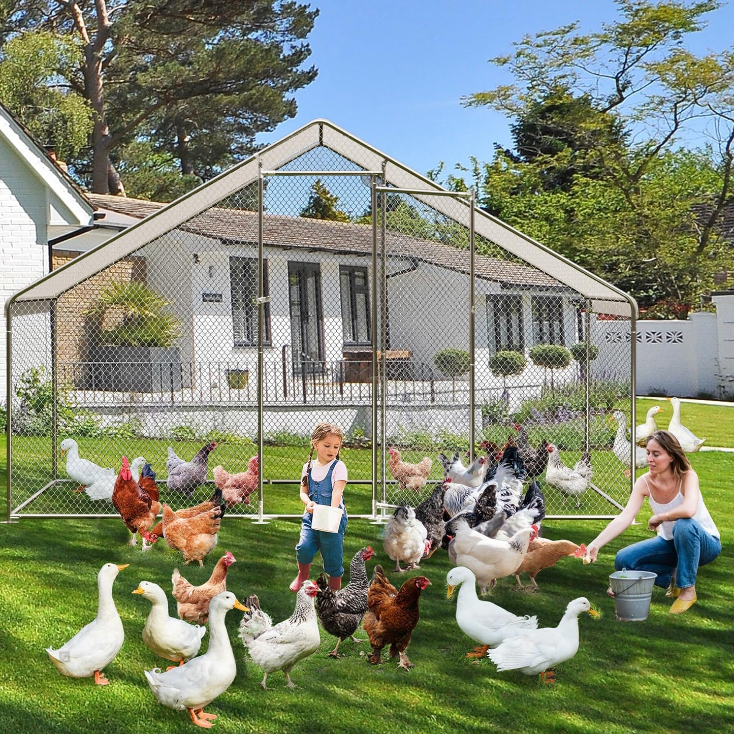 Large Metal Chicken Coop Run, 9.8L x 6.5W x 6.5HFT Chicken Runs for Yard with Cover and Waterproof and Anti-Ultraviolet, Spire Roof Metal Chicken Coop with Lock for Backyard, Duck, Rabbit