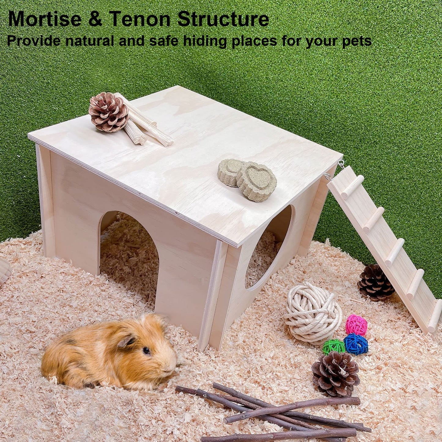 kathson Guinea Pig Hideout House,Wooden Chinchilla Hide Hut with Climbing Ladder and Windows, Hamster House for Mouse Hedgehog Squirrel Mice Gerbils Hiding Sleeping and Playing