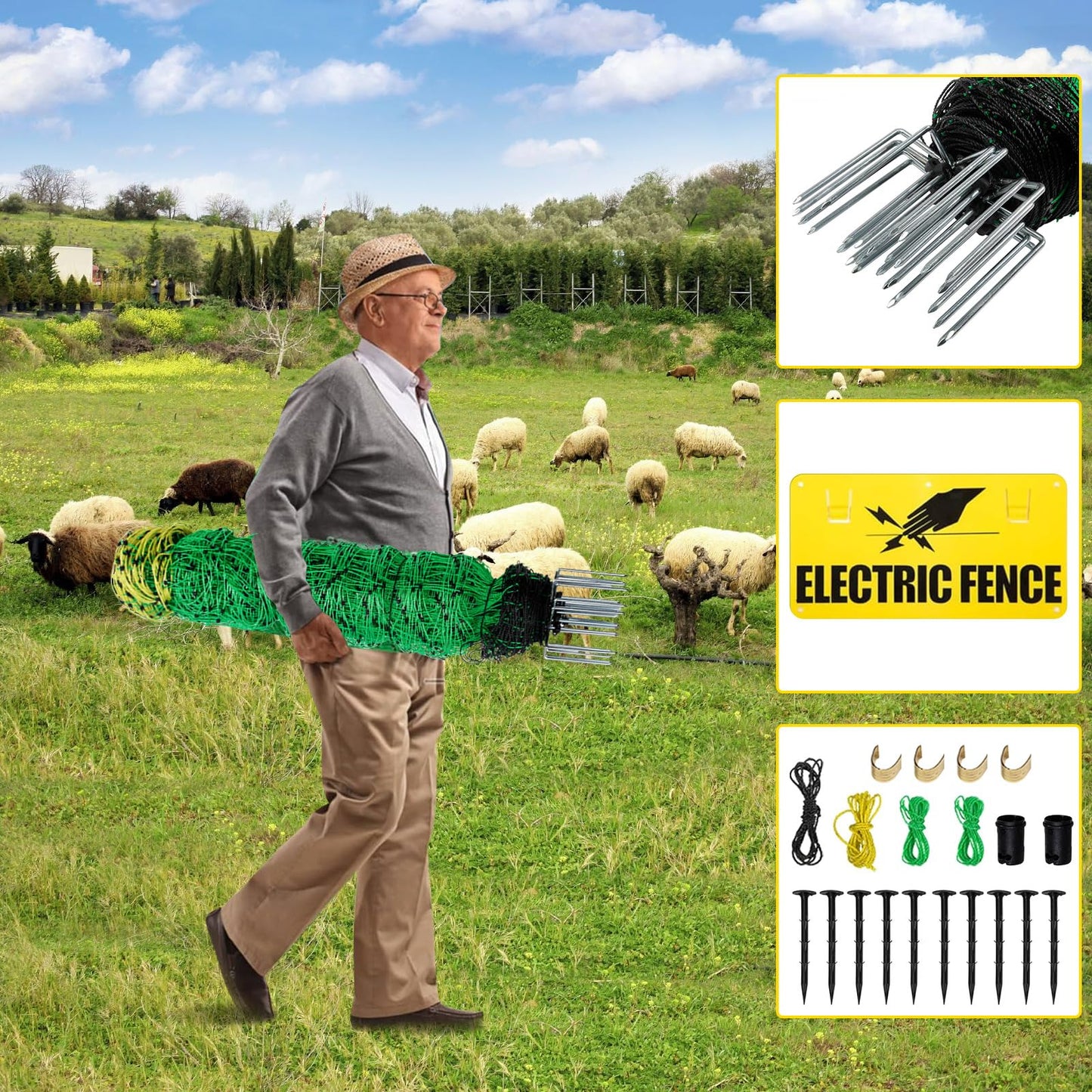 Electric Fence Netting, 164'L x 35.4" H Movable Livestock Nets for Sheep, Hogs, Cattle, PE Net Fencing Kit with 14 Posts Double Spiked, Electric Fencing for Backyards, Homesteaders, Farms Ranches