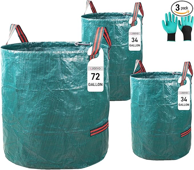 1x72Gallons+2x34Gallons (Free Gloves) Garden Leaf Bags,Reusable Heavy Duty Yard Waste Bag Set,Standable Design and Reinforced 4 Handles for Leaf,Grass,Debris,Camping Trash