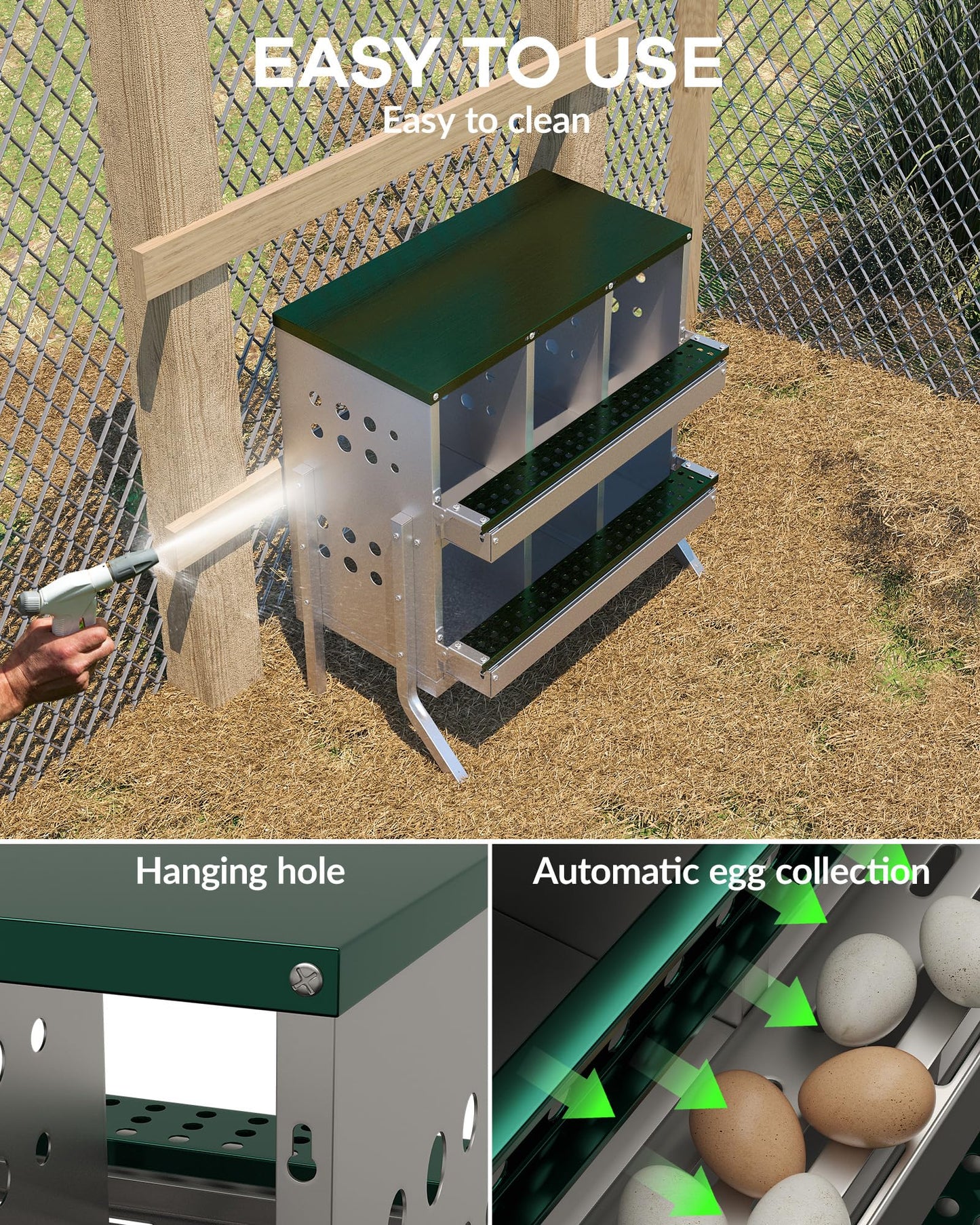 GarveeLife Wall-mountable Roll Away Metal Chicken Nesting Box for Laying Eggs, Rustproof Chicken Laying Boxes for Hens, Ventilated with Perch, Waterproof, 6 Compartments with Legs, Green