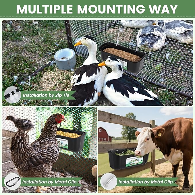 4 Pack Hanging Chicken Feeder,Fence Feeder Trough and Waterer for Goat Sheep Deer Duck Poultry Livestock,Feeding Waterer Container Bucket with Clips and Brush (Black)