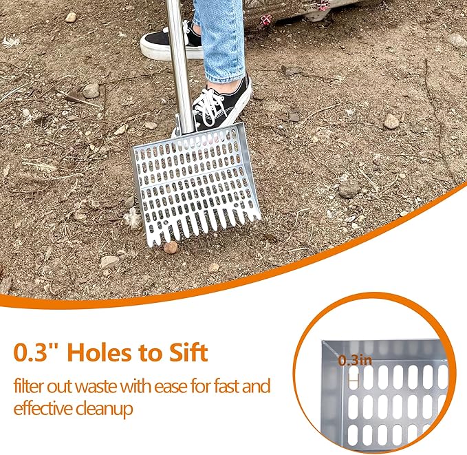 Chicken Poop Scooper Tempered Spring Steel Chicken Poop Shovel Heavy Duty 38 to 66" Adjustable Sifting Shovel for Chicken Coop with Long Stainless Steel and Rubber Handle